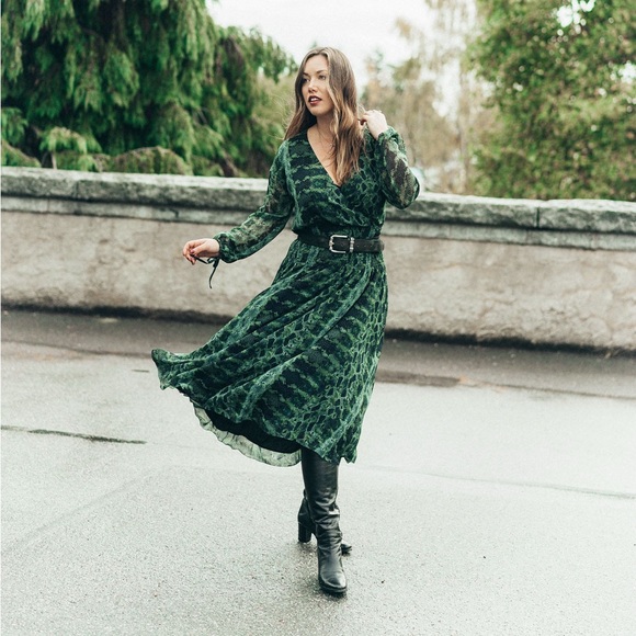 Aritzia Wilfred Valros Dress- Green Snakeskin Print Long Sleeve Dress - Picture 4 of 7